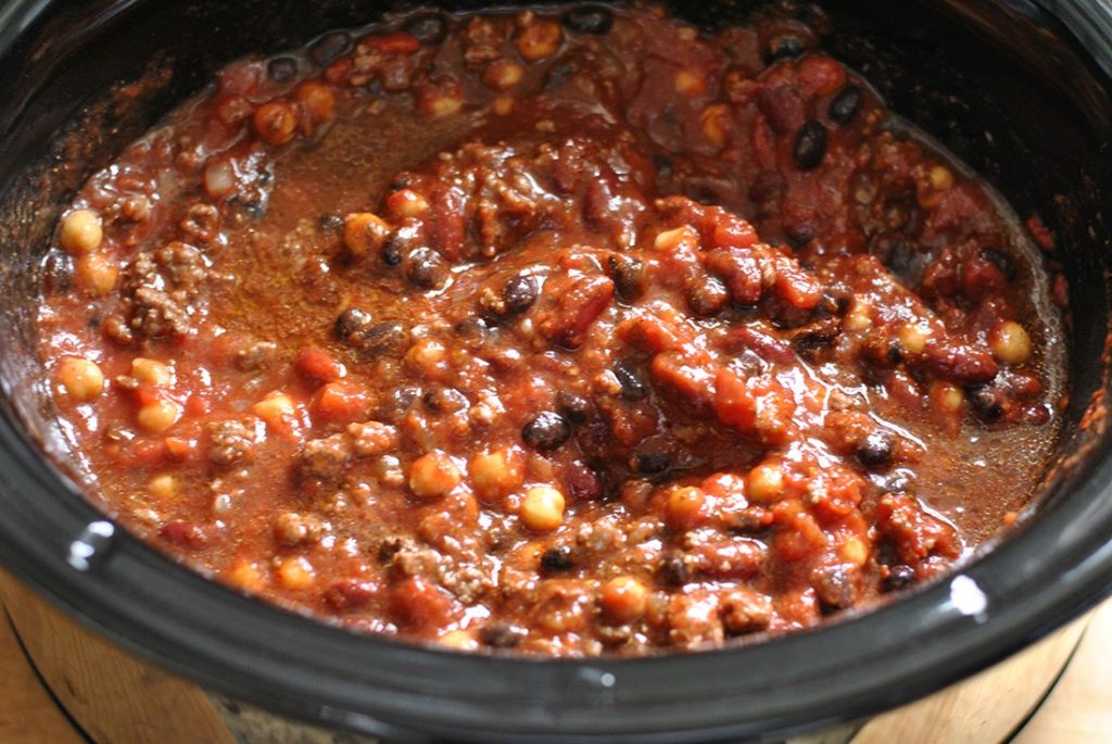 Beef chili being cooked in slow cooker