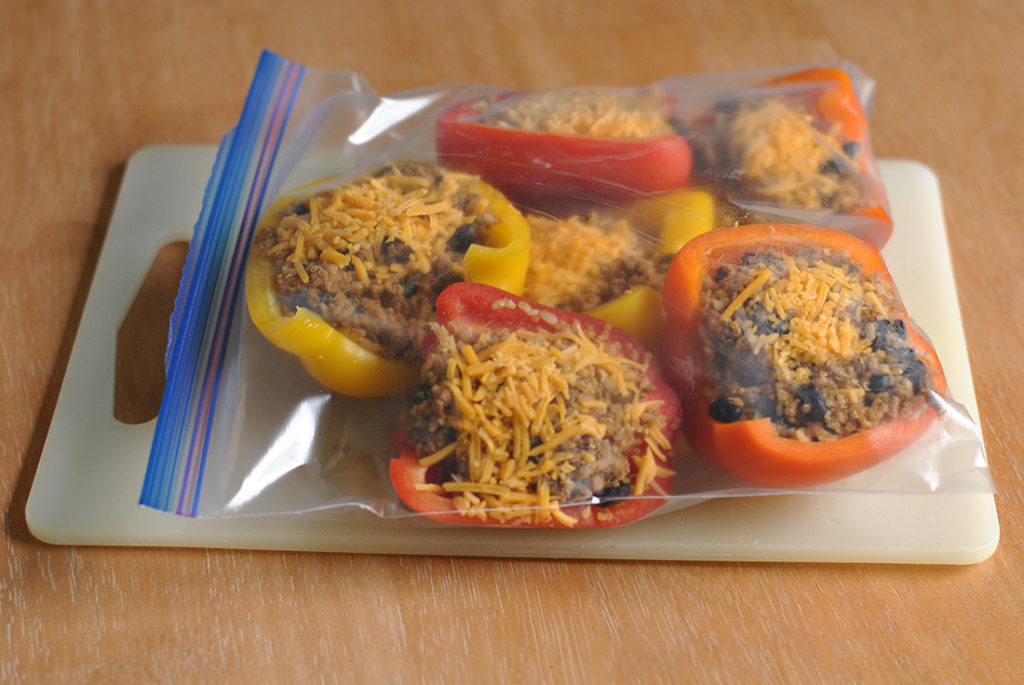 Stuffed peppers in a freezer bag ready to be frozen