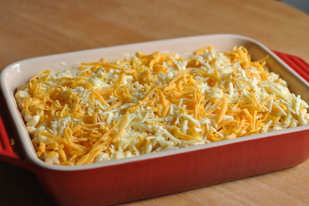 Mac and Cheese in casserole ready to bake
