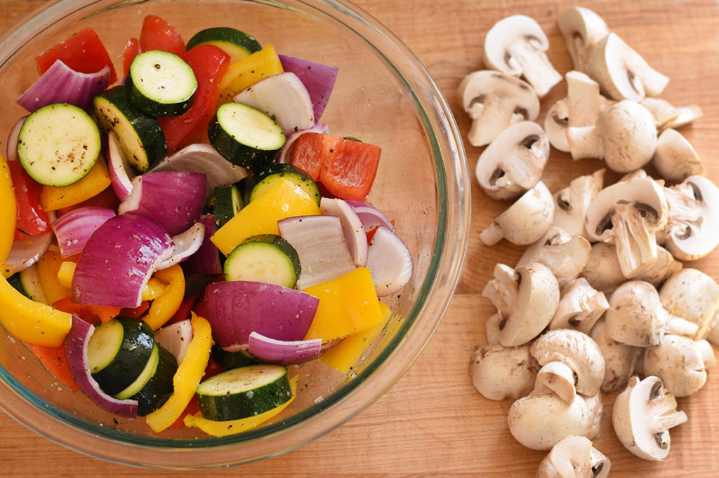Chopped vegetables and mushroom for the skewers