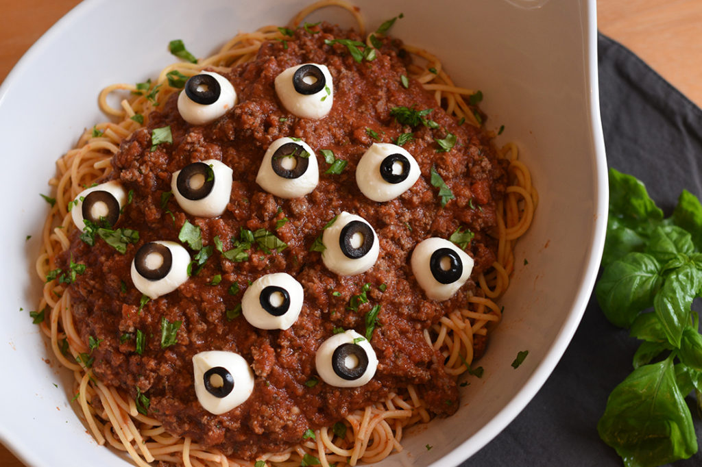 Scary Spaghetti eyeballs ready to eat